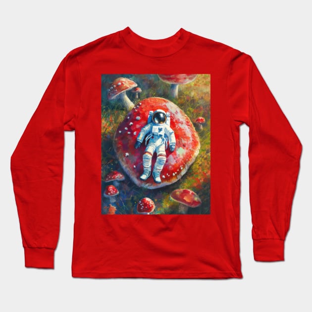 Astronaut on the mushroom planet Long Sleeve T-Shirt by psychoshadow